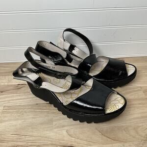 Women's 39 Fly London | Yesk Black Leather Ankle Strap Wedge Ripple Heel Sandal